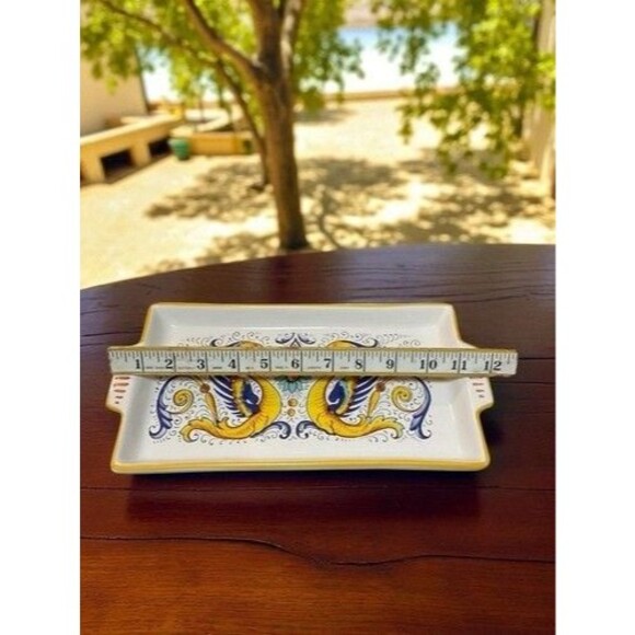 NWOB Ceramic Nova Deruta Hand Painted Flower Dragons Tray Italy 10.75"x5” - Picture 3 of 11
